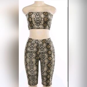 Brown Snakeskin Print 2 Piece Set | Bandeau Tube Top & Biker Shorts